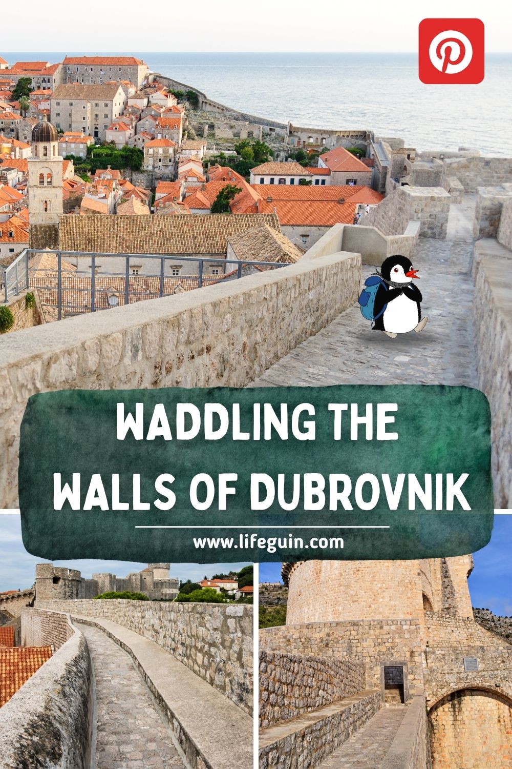 Cartoon penguin walks along the stone walls of Dubrovnik overlooking the city