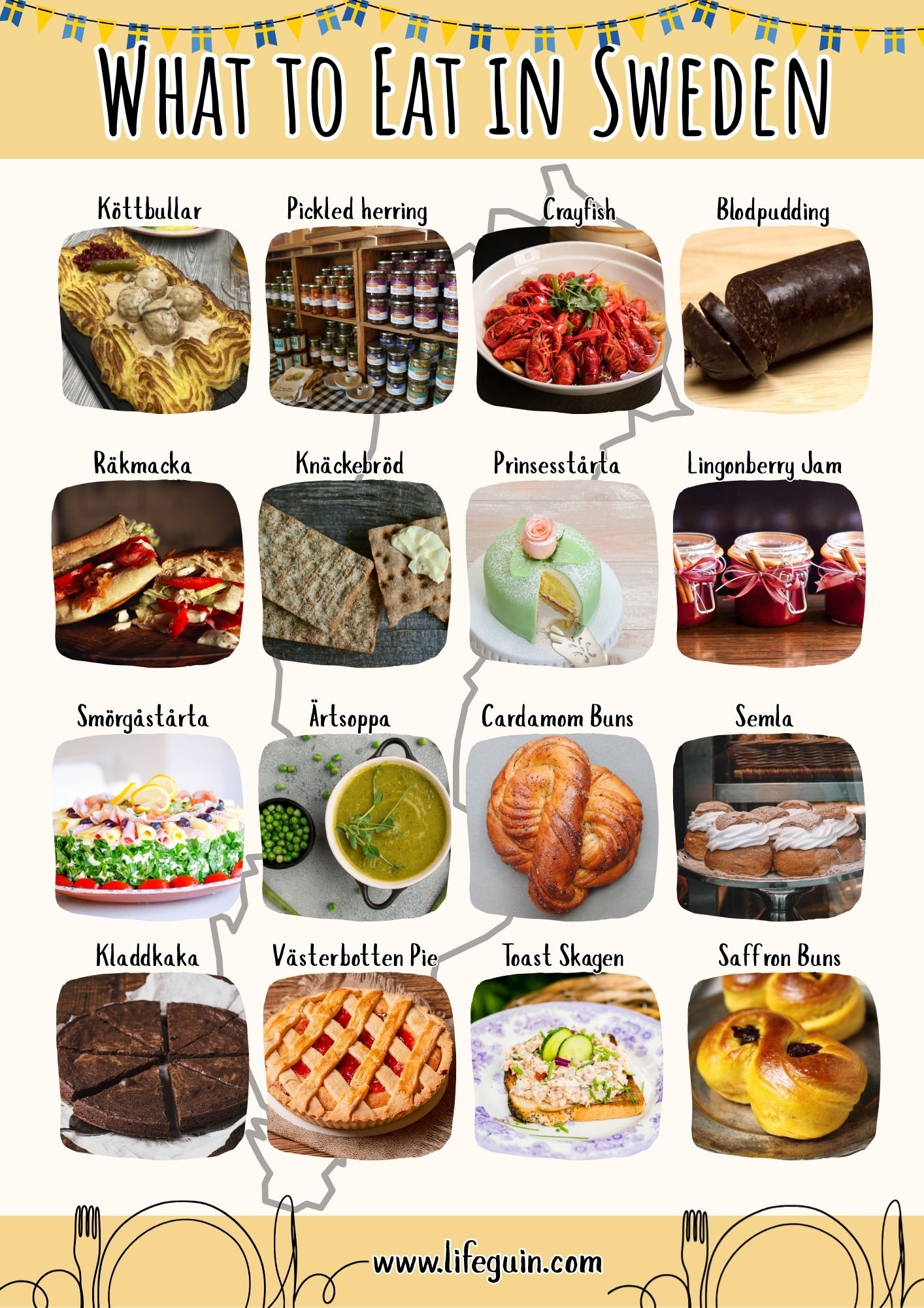 Illustrated list of traditional Swedish dishes to try in Sweden