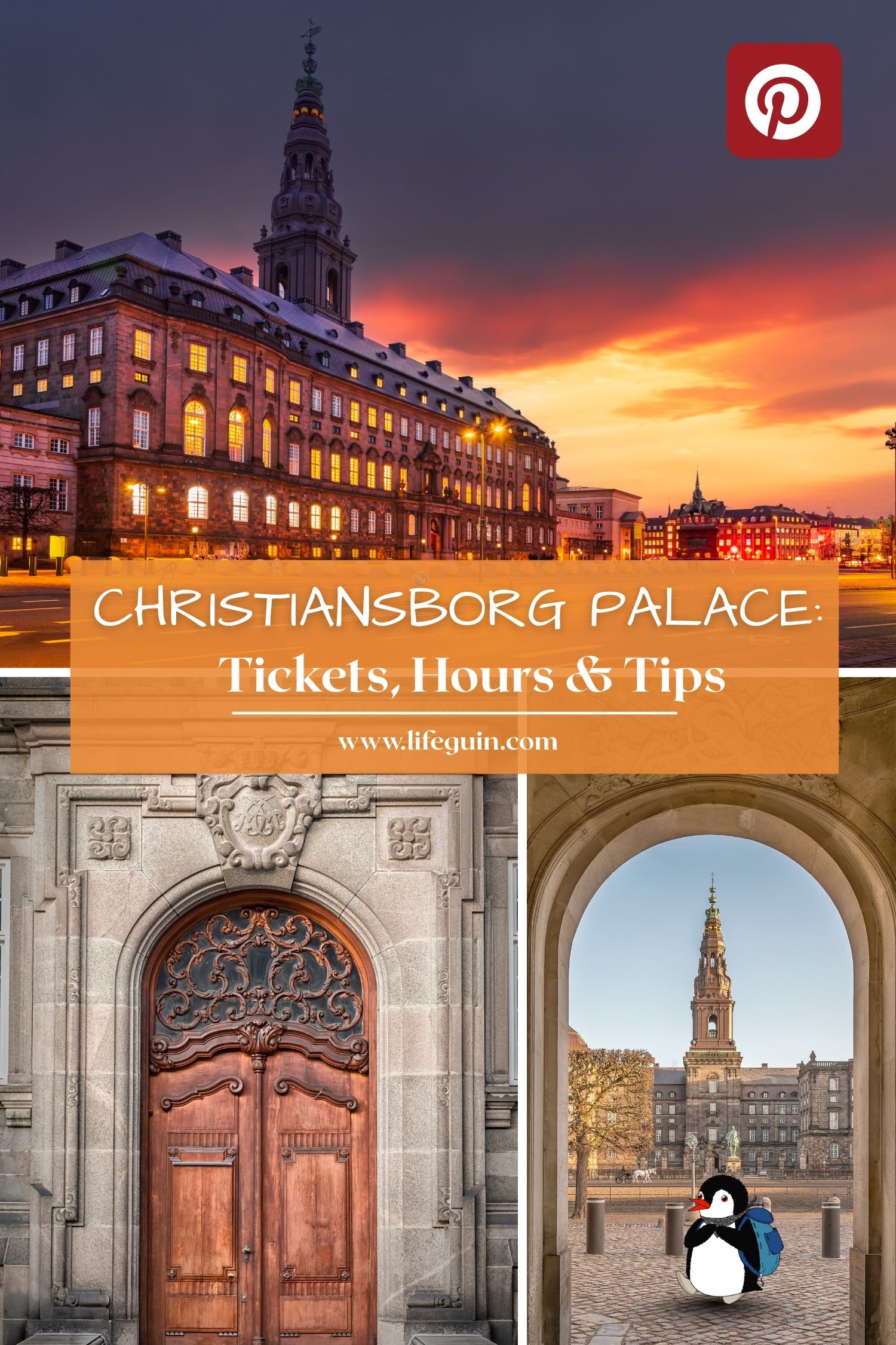 Christiansborg Palace collage with text overlay, stone archways, and cartoon penguin Miško