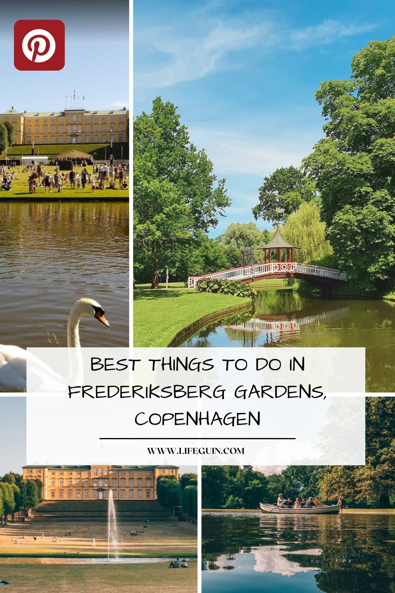 Collage of scenes featuring Frederiksberg Gardens with a palace, swan, and boaters