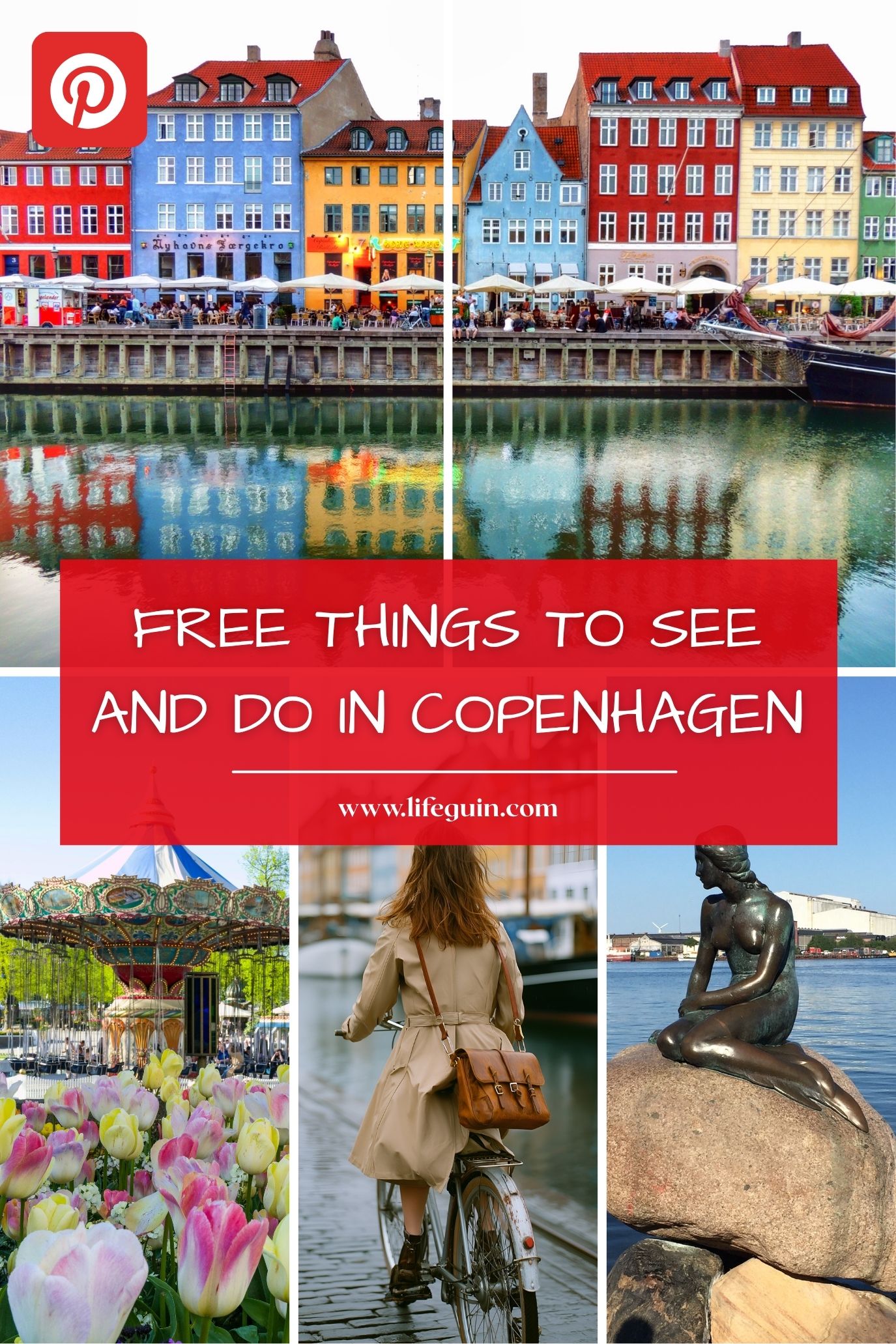 Colorful buildings along the Copenhagen canal, a carousel, a cyclist, and the Little Mermaid statue