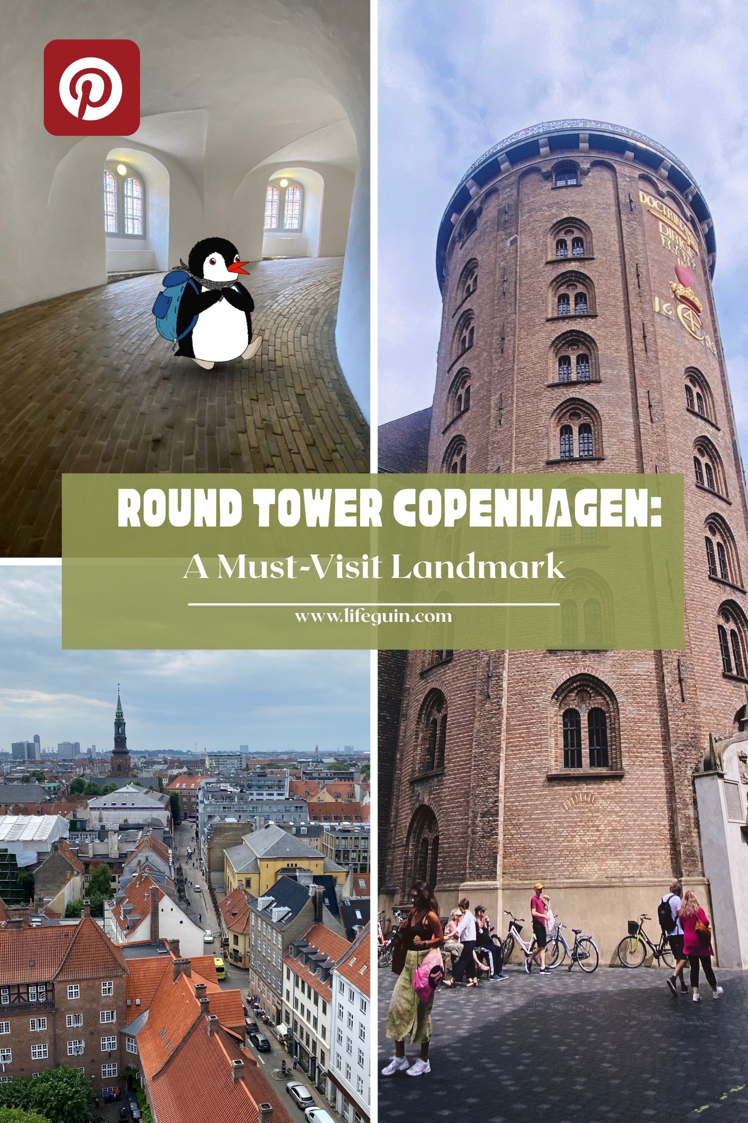 Pinterest graphic promoting Round Tower Copenhagen with views and cartoon penguin mascot Miško
