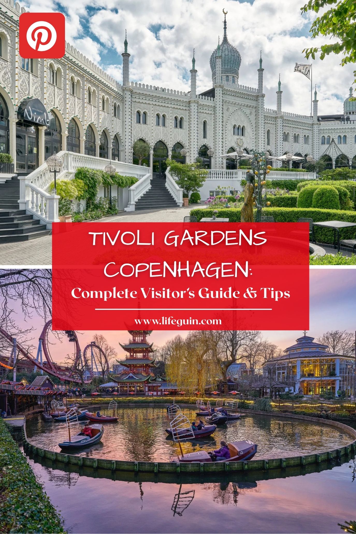 Pinterest graphic collage showing the Nimb Hotel and a scenic pond at Tivoli Gardens