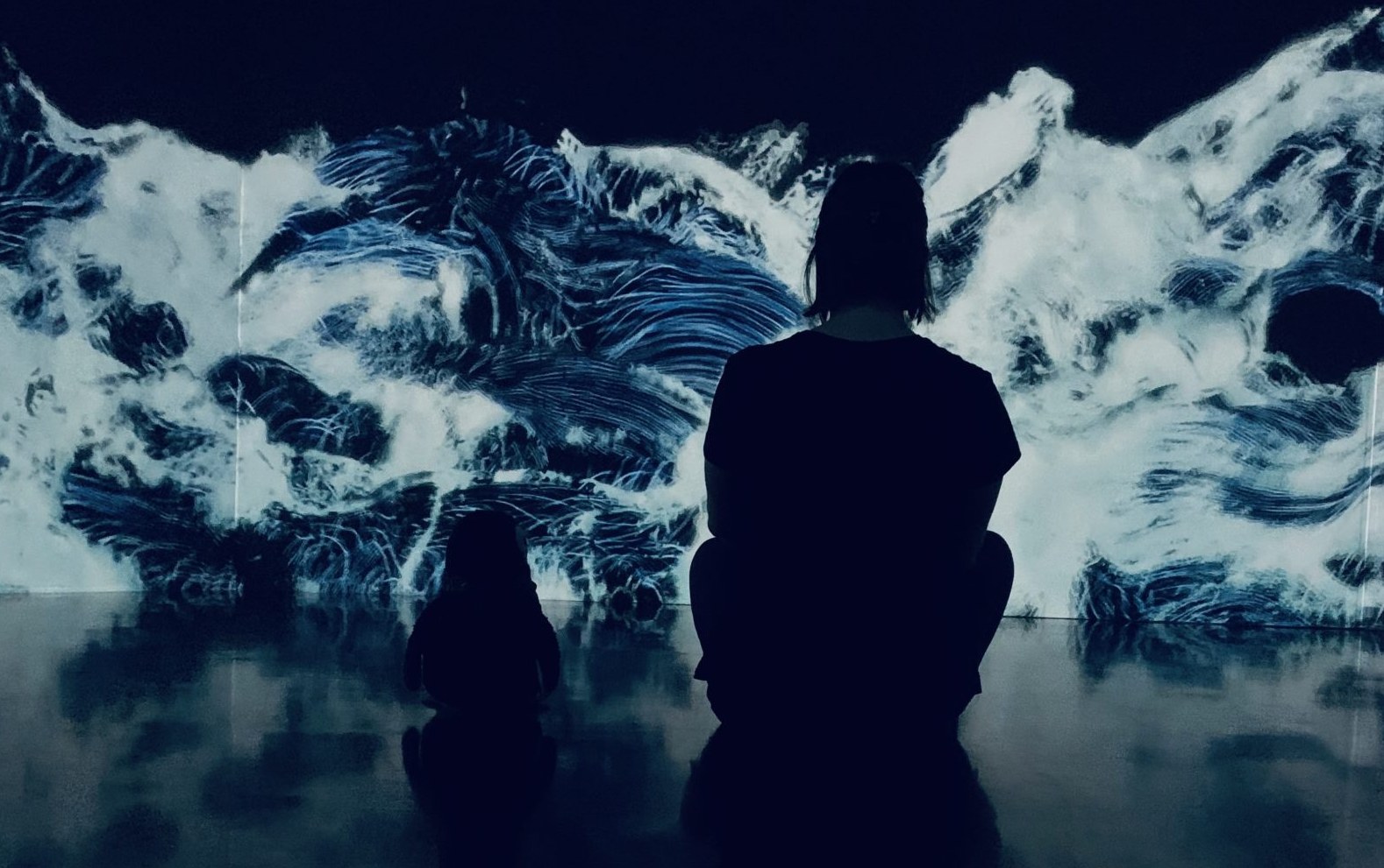 A visitor sits silhouetted in front of a flowing blue-and-white digital artwork at teamLab Borderless, Tokyo