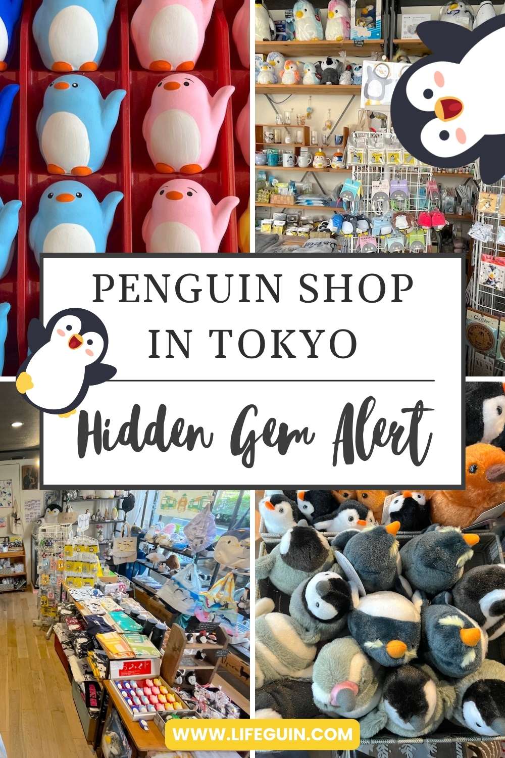 Shelves filled with various penguin plushies and merchandise at a hidden Tokyo shop