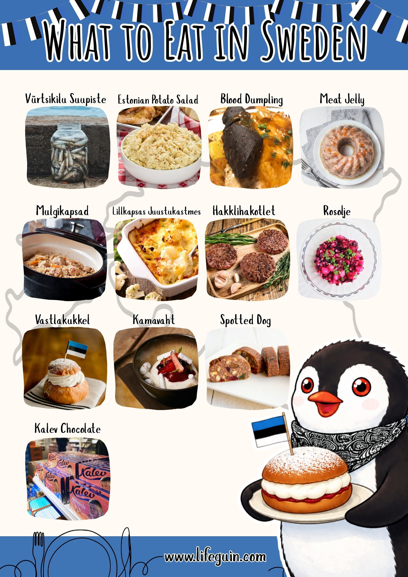 Illustrated list of traditional Estonian foods to try, with Miško holding an Estonian flag