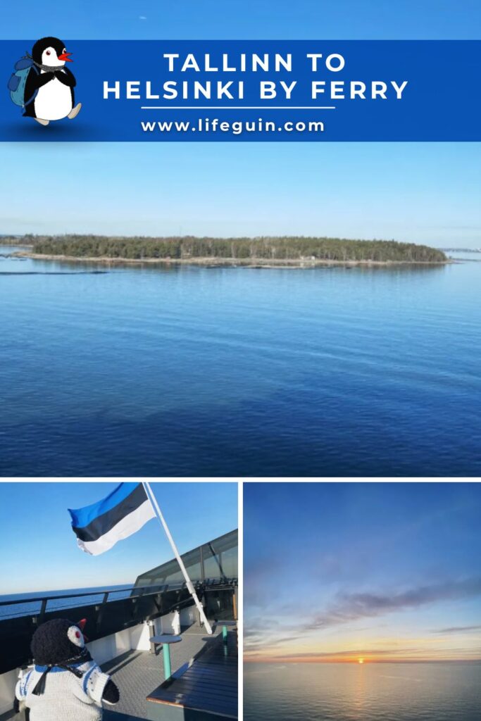 Collage of Tallinn to Helsinki ferry views featuring sea landscapes and penguin mascot Miško