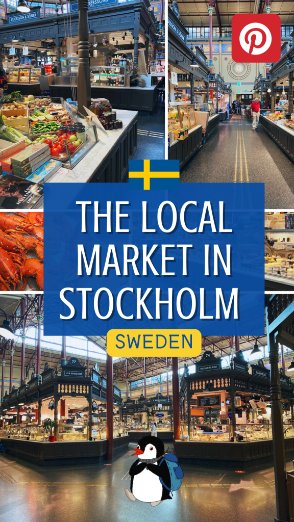 Stalls filled with fresh produce and seafood inside the historic Stockholm market hall