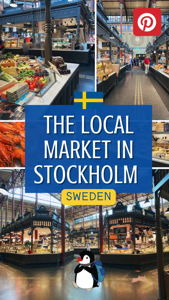 Stalls filled with fresh produce and seafood inside the historic Stockholm market hall
