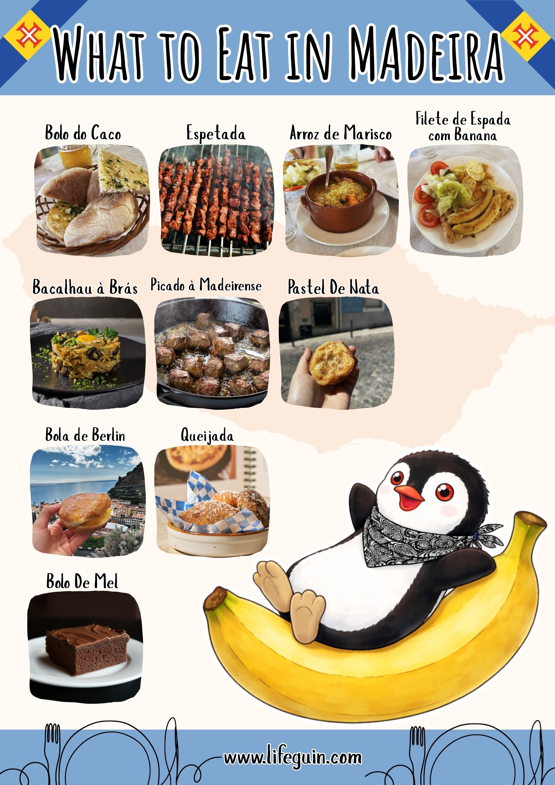 Illustrated list of traditional foods to try in Madeira featuring the penguin mascot Miško
