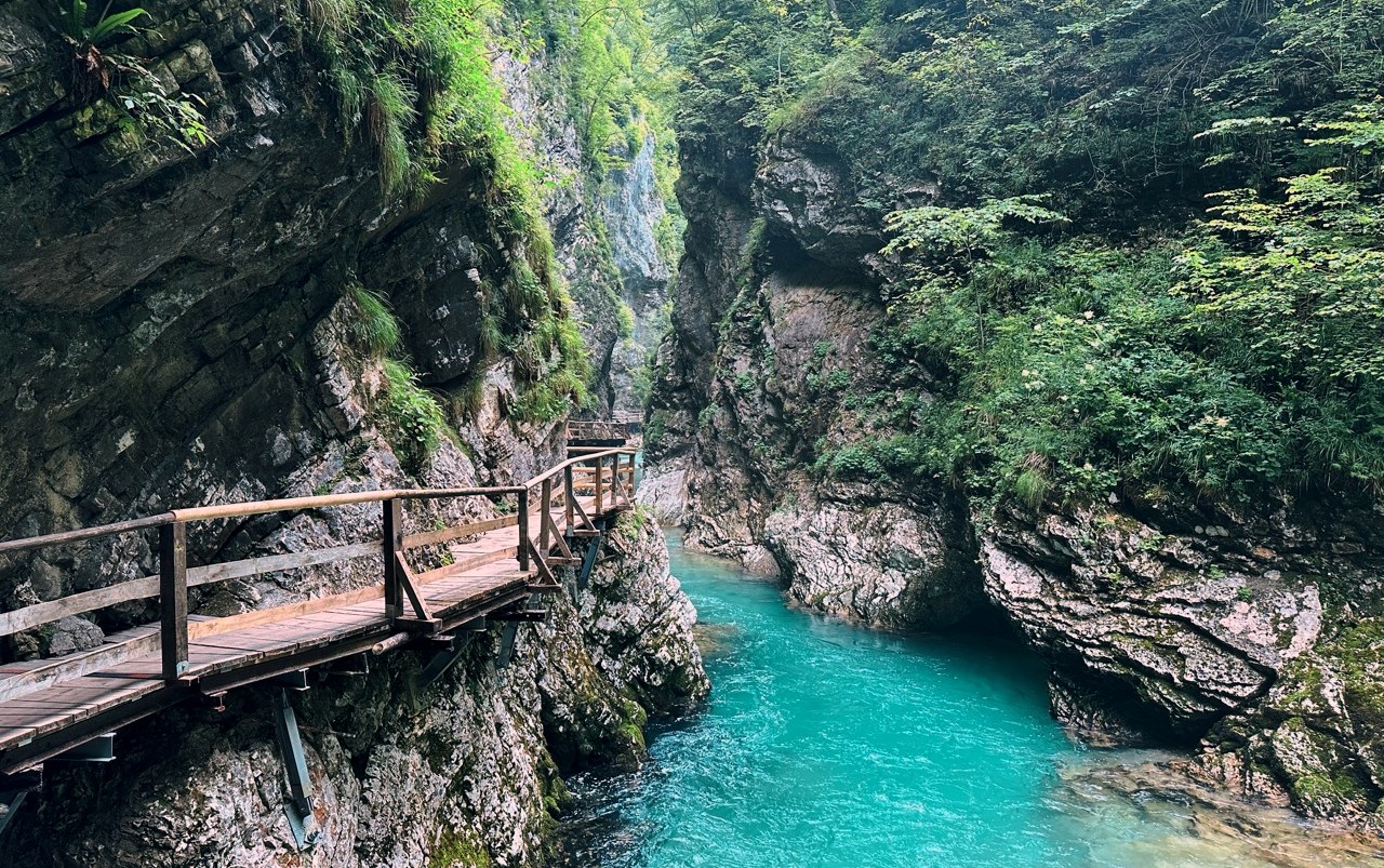 A wooden walkway along the turquoise Radovna river in Vintgar Gorge, Slovenia