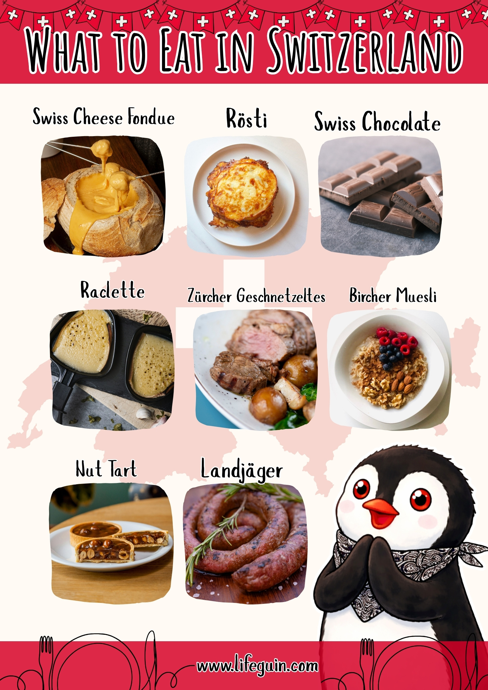 Illustrated list of traditional Swiss foods to try featuring the cartoon penguin Miško