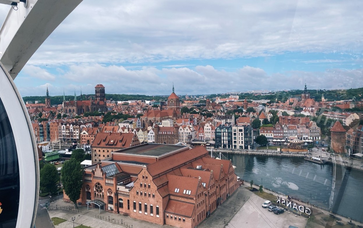 Gdańsk old town and the Motława river seen from the AmberSky Ferris wheel, Poland