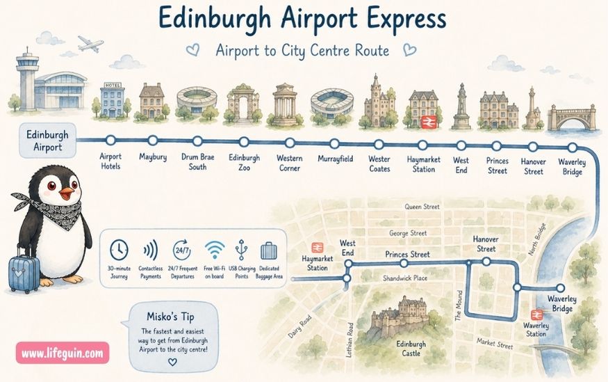 Illustrated route map of the Edinburgh Airport Express bus featuring the penguin mascot Miško