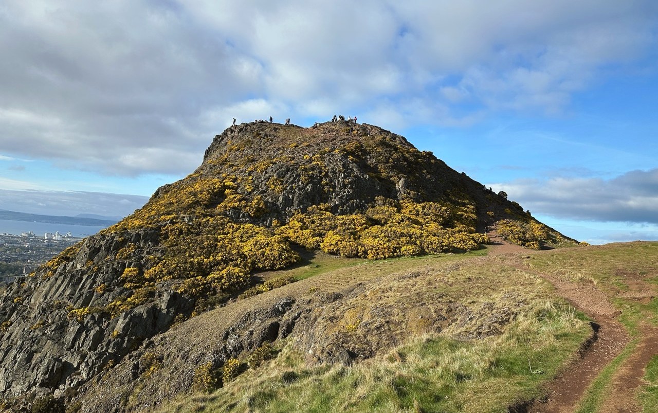 Arthur's Seat with yellow gorse on its slopes above a grassy path, Edinburgh
