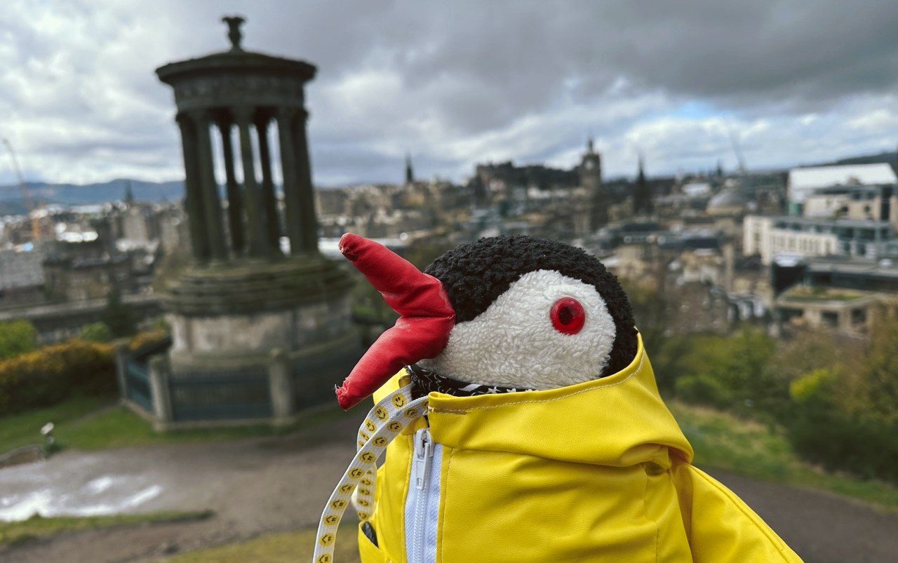 Miško the toy penguin in a yellow raincoat by the Dugald Stewart Monument on Calton Hill, Edinburgh