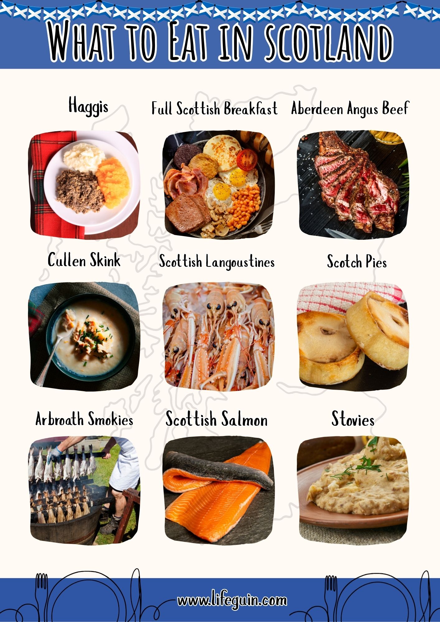 Illustrated list of traditional foods to try in Scotland