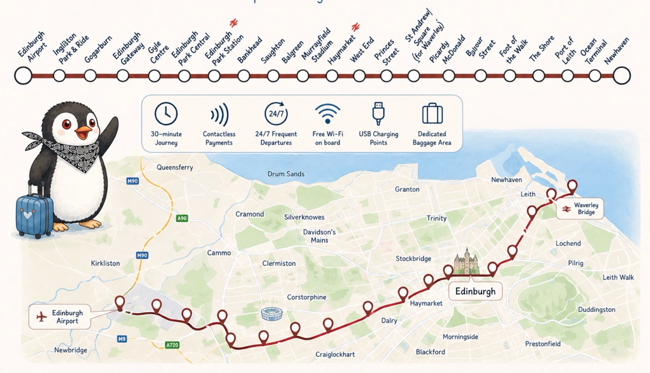 Map and route of the Edinburgh tram with Miško the penguin waving next to his suitcase