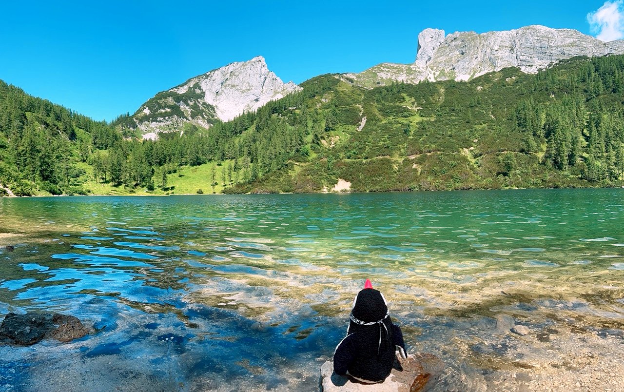 Miško the toy penguin by a clear turquoise mountain lake on the Tauplitzalm, Austria