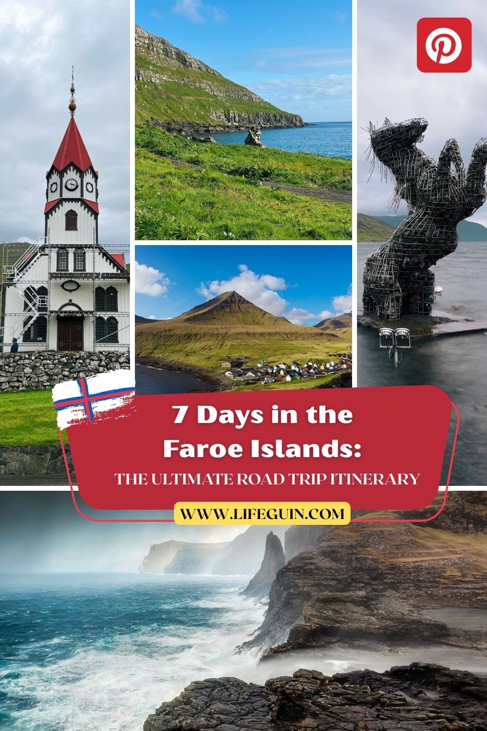 Collage of Faroe Islands landscapes featuring a church, coastal cliffs, and a metal sculpture