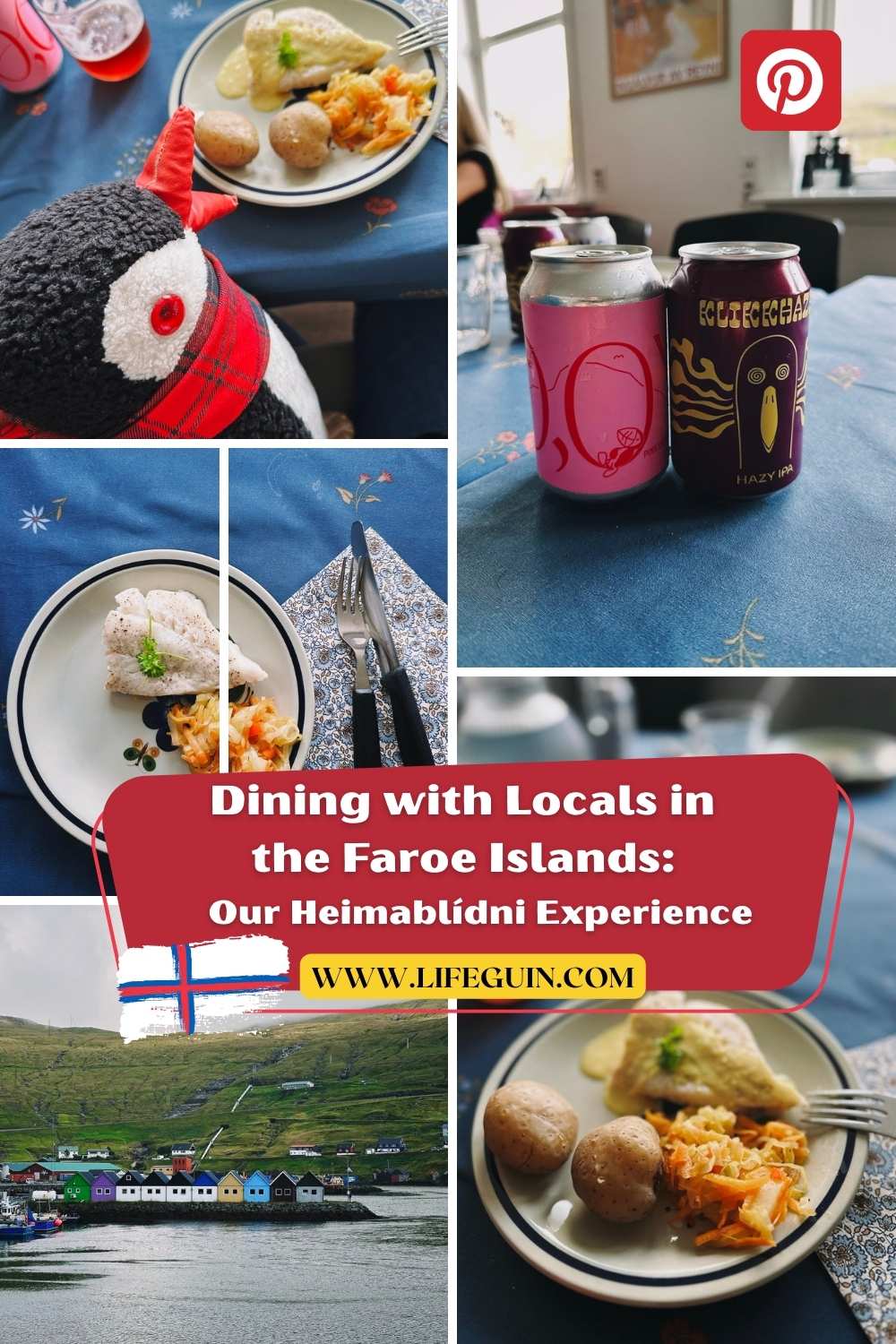 Plush penguin Miško next to a Faroe Islands dining collage featuring local food and beer