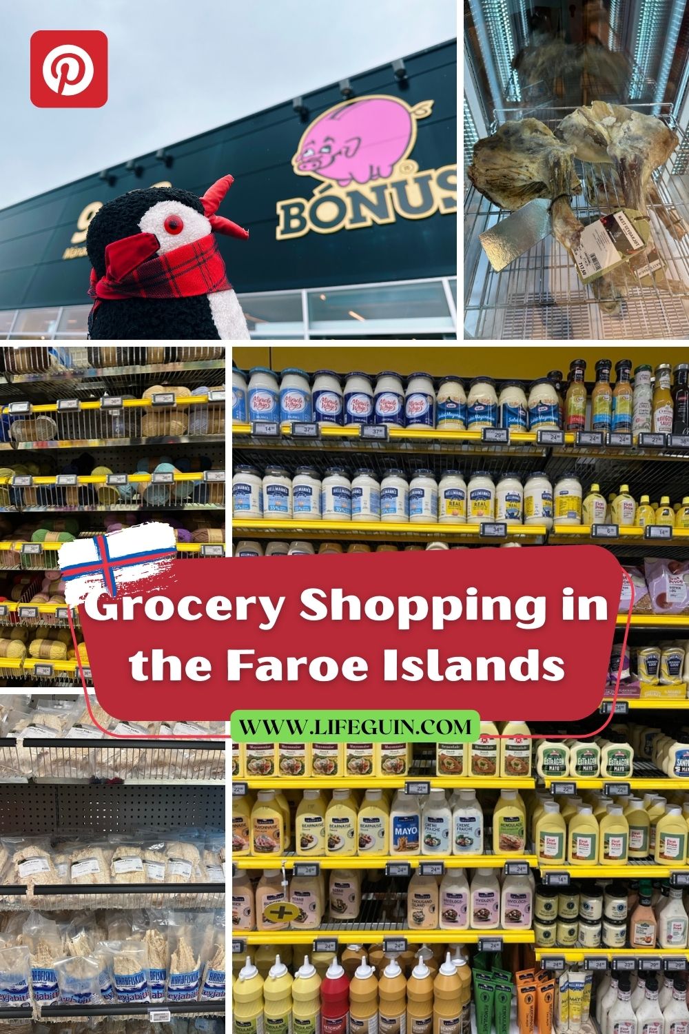 Collage of grocery store shelves and a Bónus supermarket in the Faroe Islands