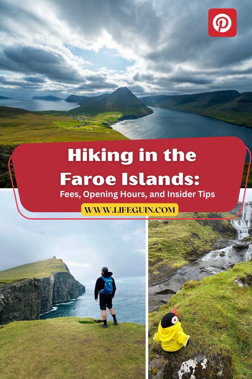 Scenic Faroe Islands landscapes featuring a hiker on a cliff and a small penguin toy