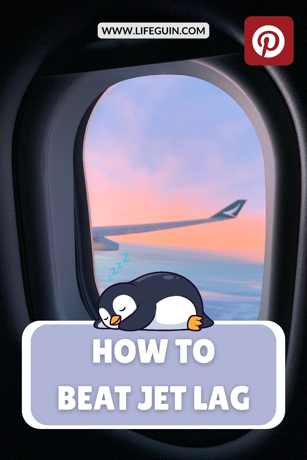 Cartoon penguin sleeping in front of an airplane window at sunset