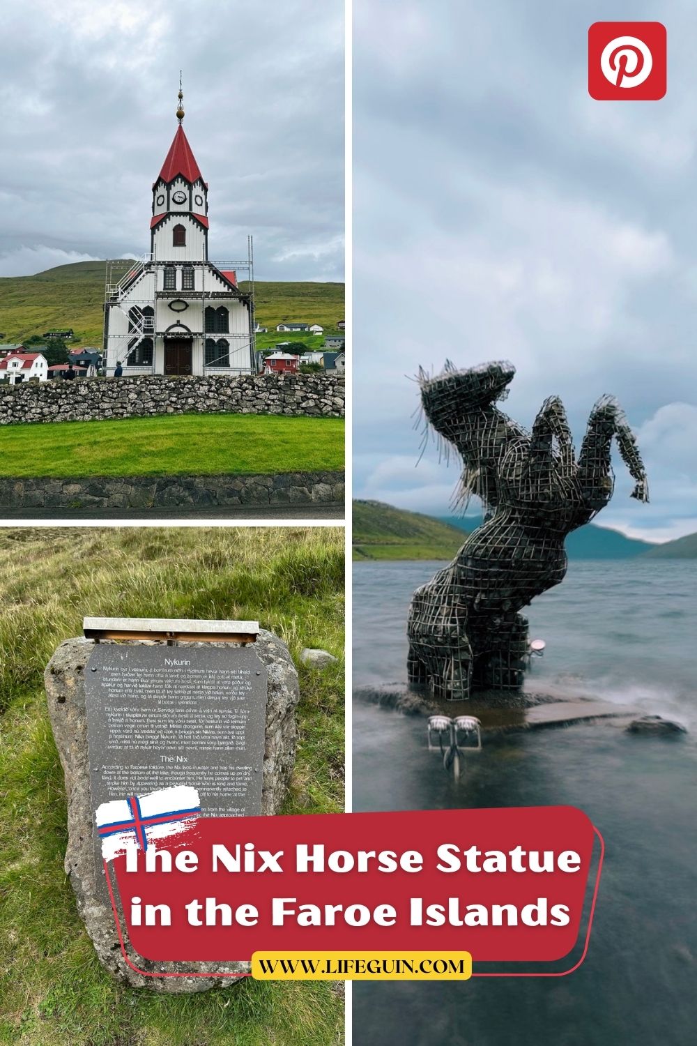 Collage featuring a church, the Nix Horse statue, and an informational plaque