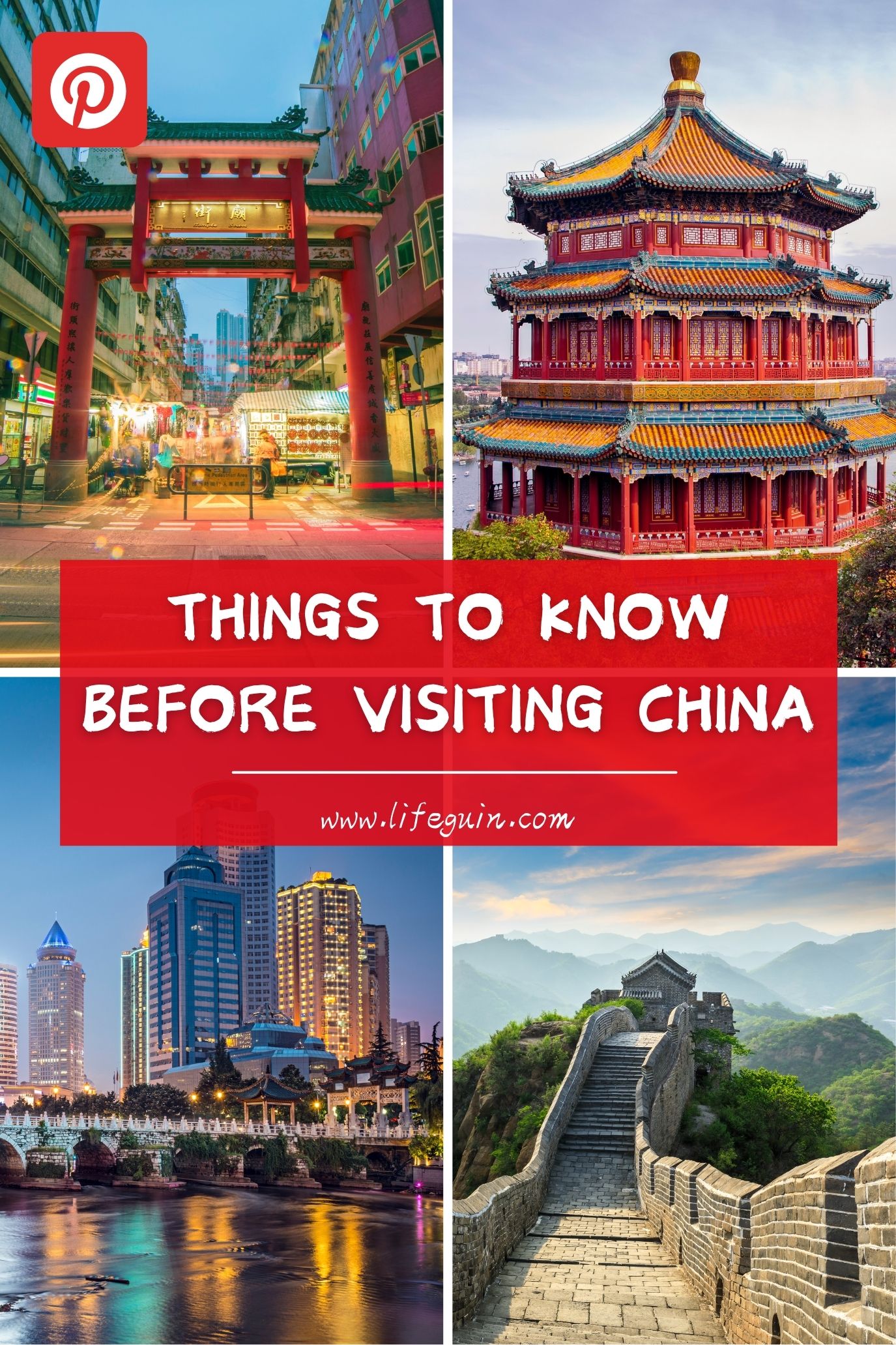 Collage featuring a traditional gate, a pagoda, a modern city skyline, and the Great Wall