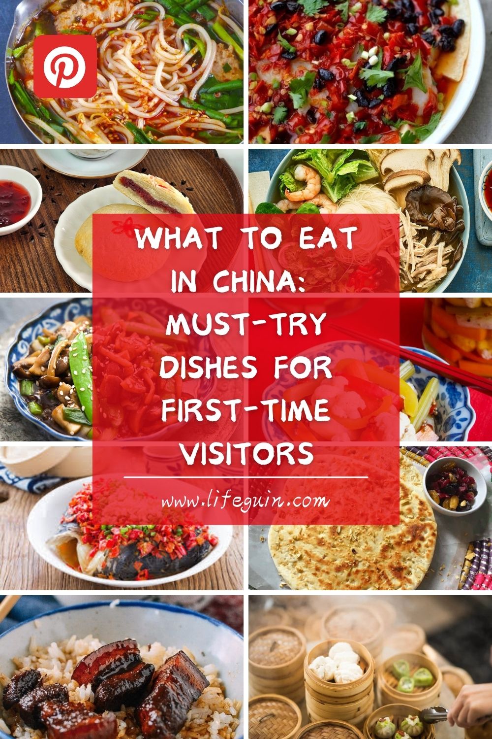 A collage of various traditional Chinese dishes including noodles, dumplings, and stir-fried vegetables