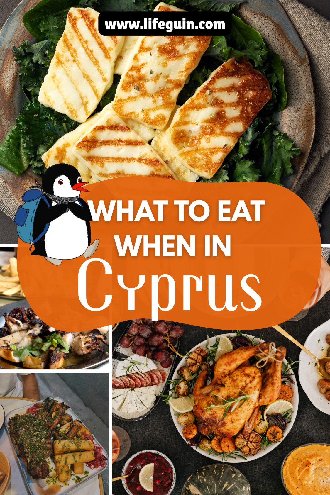 A collage of traditional dishes in Cyprus featuring grilled halloumi cheese and Miško the penguin