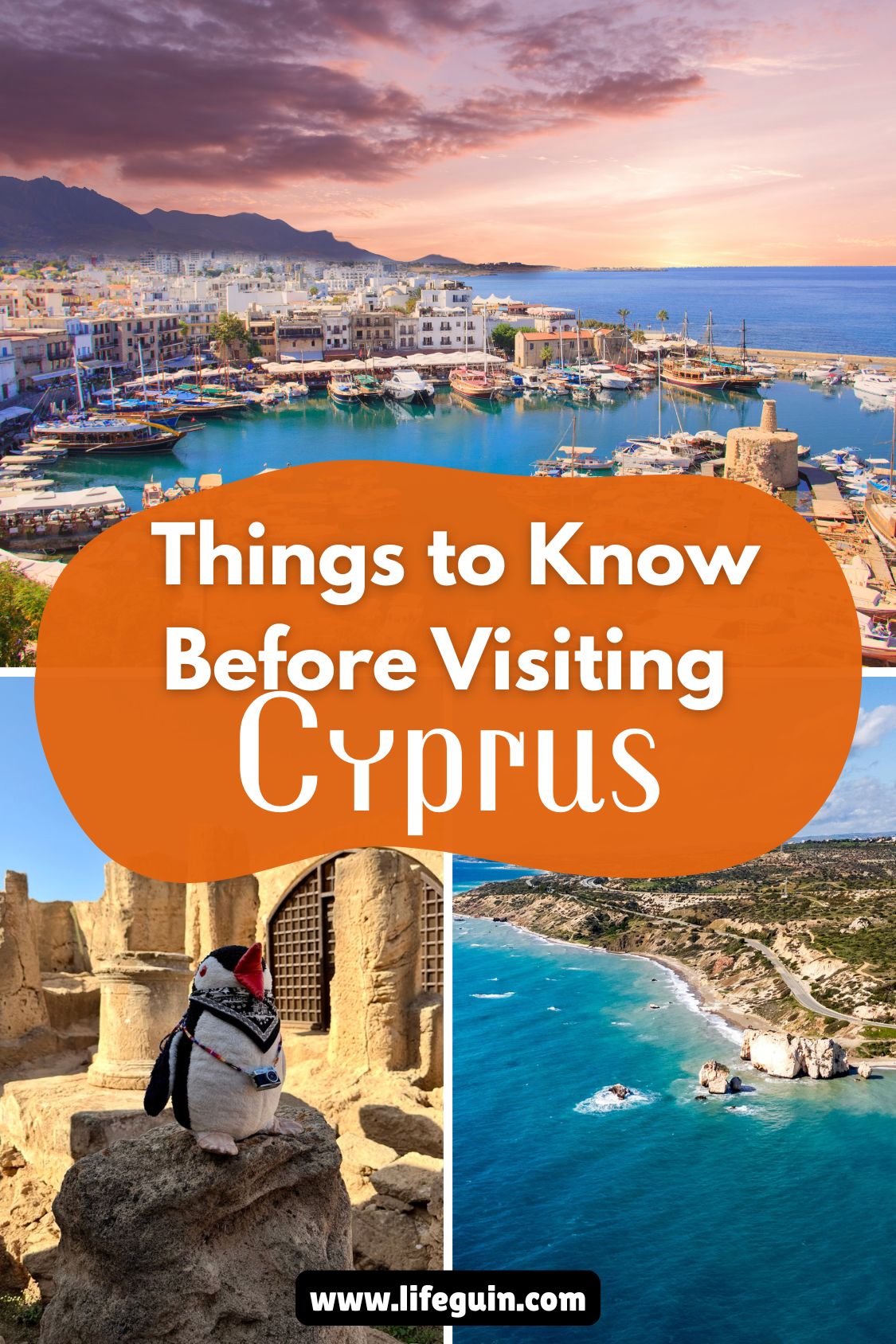 Scenic harbor, ancient ruins with a toy penguin, and the Cyprus coastline at sunset