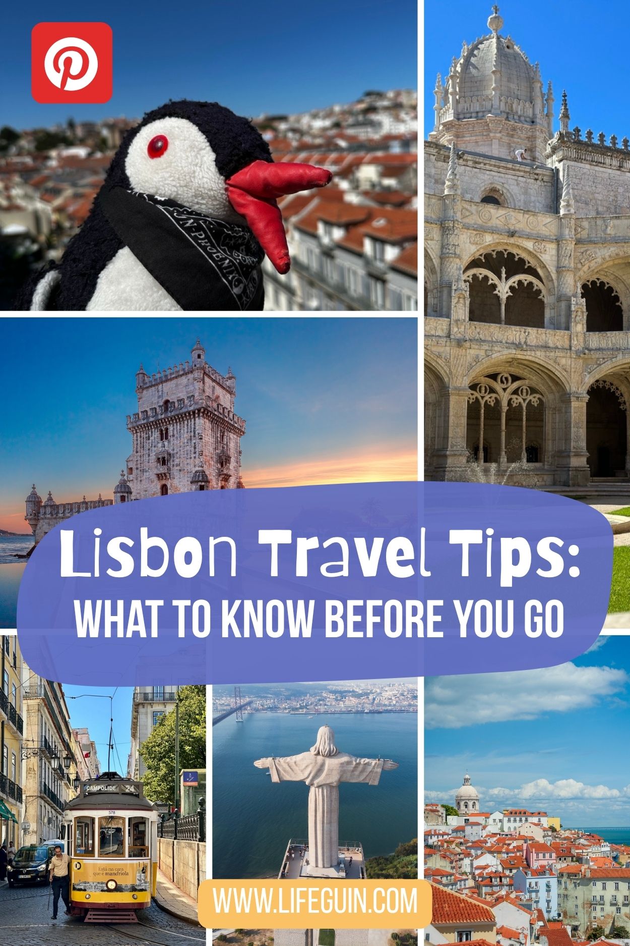 Pinterest graphic promoting Lisbon travel tips featuring the plush penguin Miško and historic landmarks