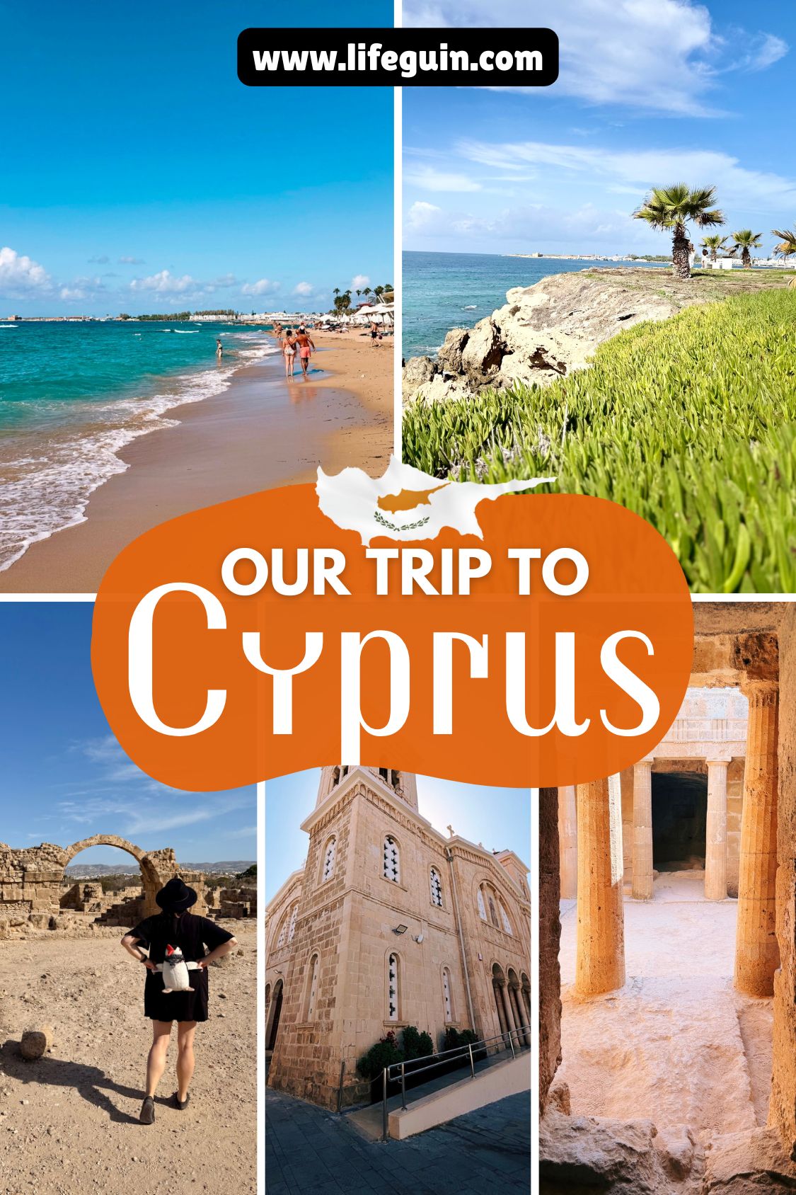 Collage of beaches, ancient ruins, and a stone church in Cyprus