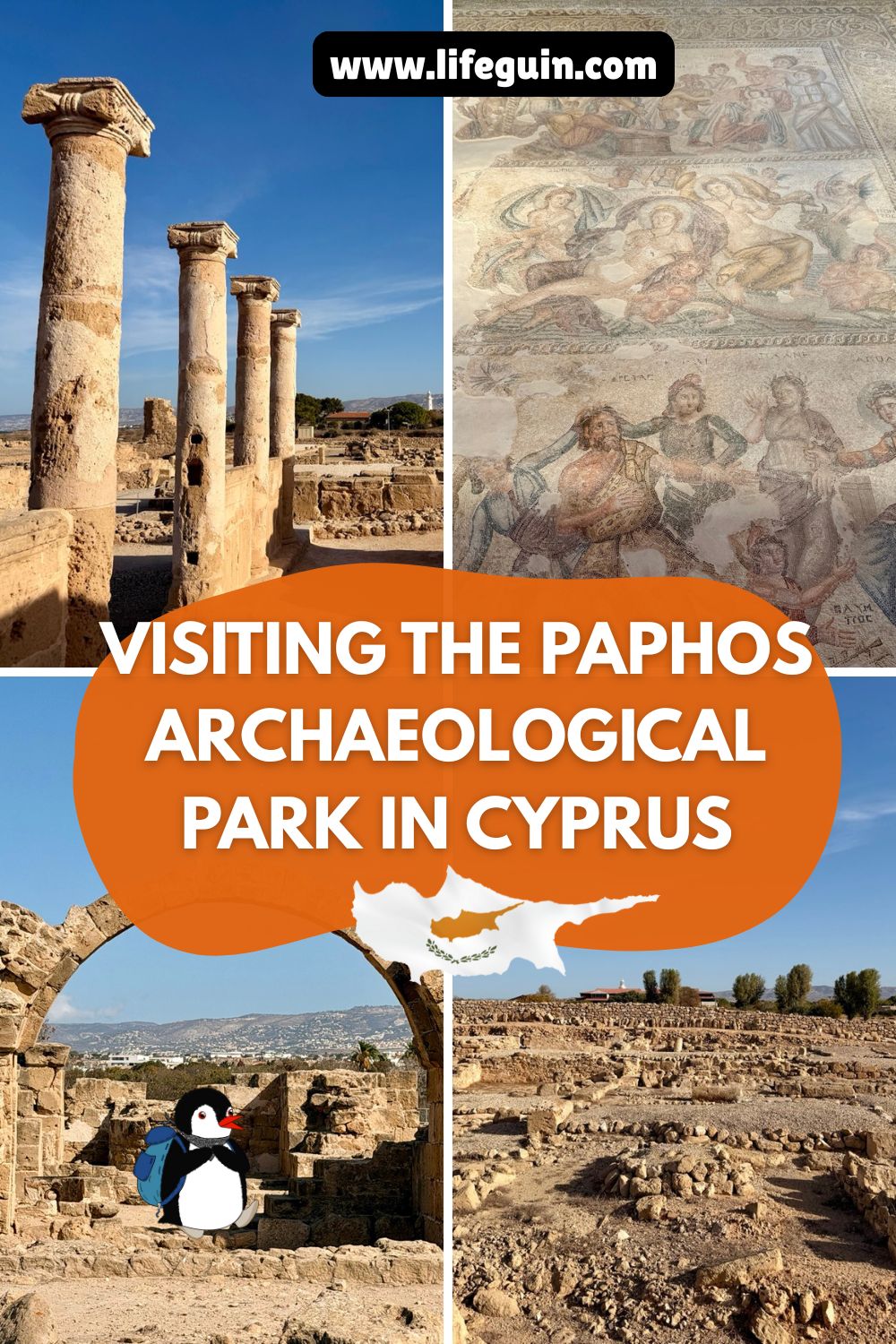 Collage of Paphos Archaeological Park photos with cartoon penguin Miško and text overlay