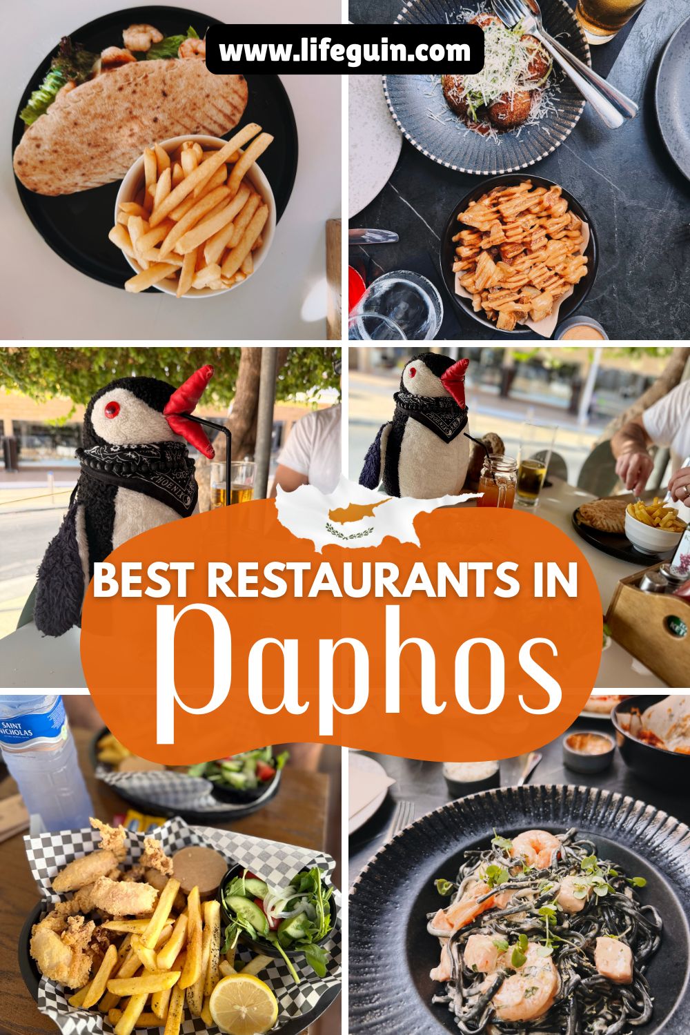 Collage of various delicious meals and a penguin plushie at restaurants in Paphos Cyprus