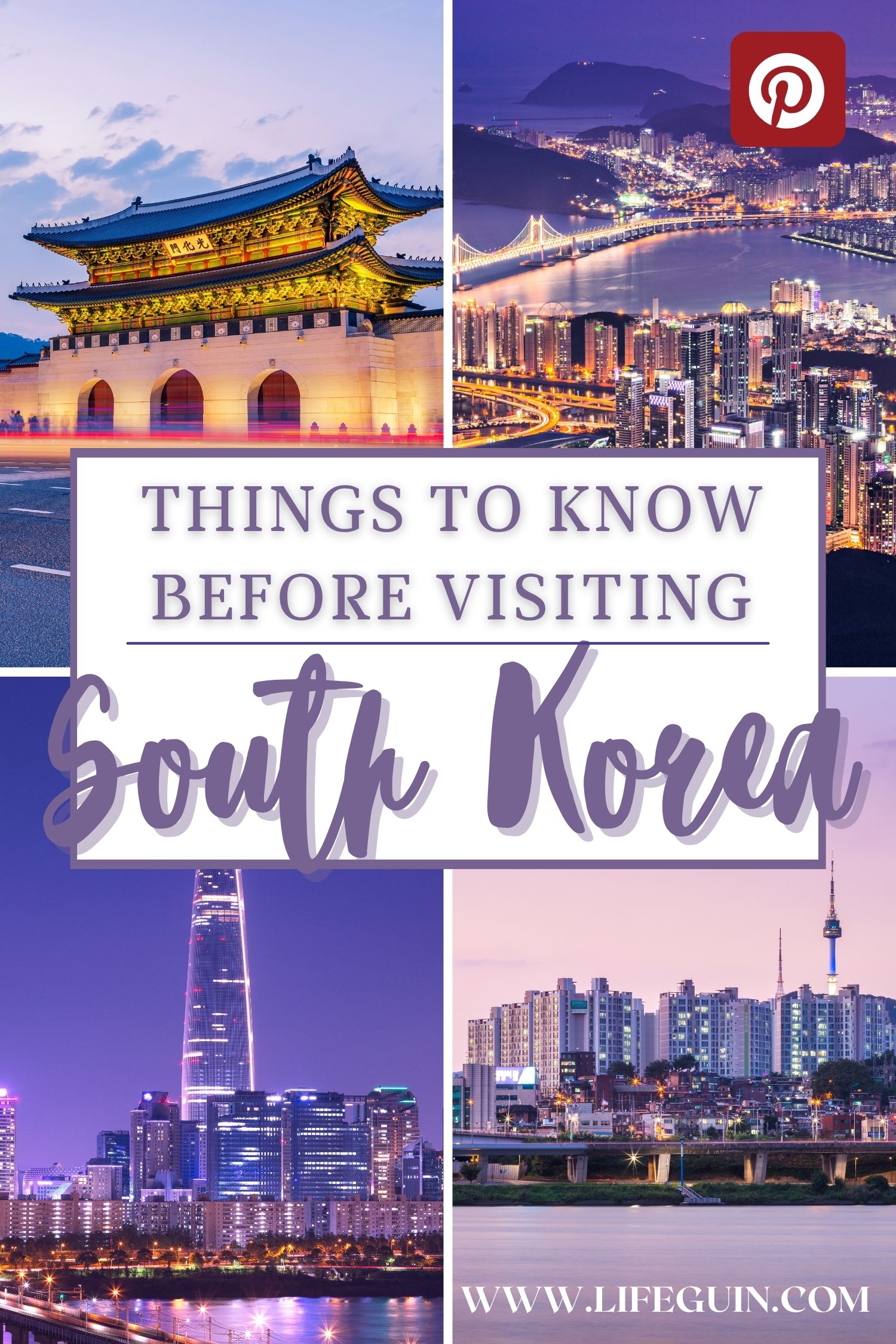 A collage of four South Korean cityscapes including Gwanghwamun Gate and modern skylines