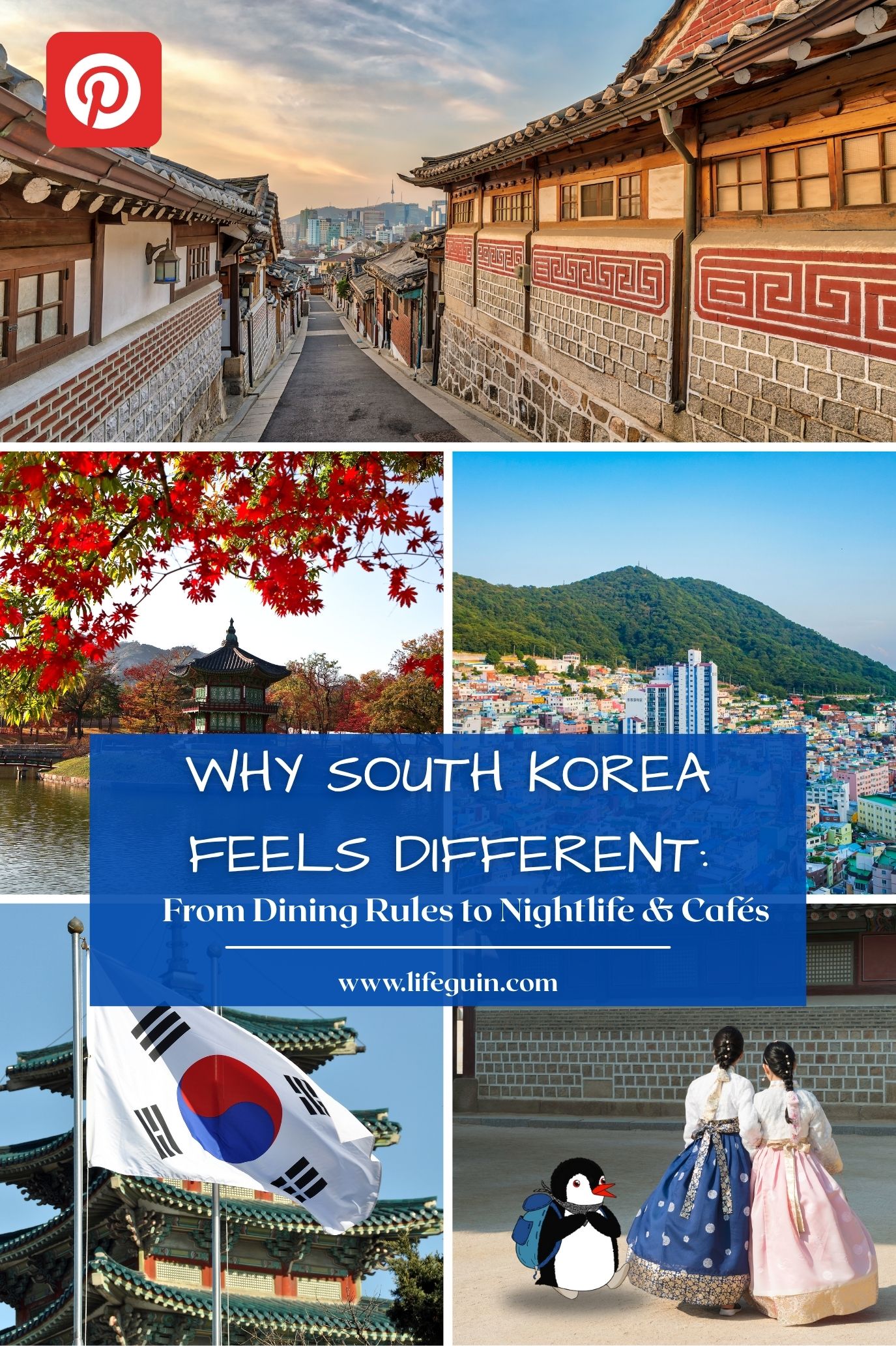 Traditional hanok houses, autumn foliage, and people in hanbok clothing across South Korea