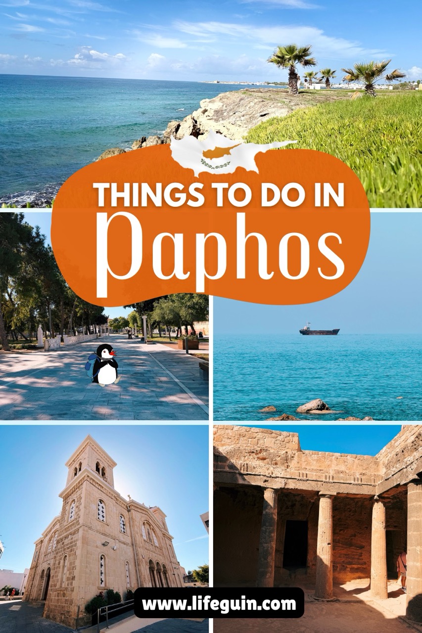 Paphos travel graphic featuring a collage of local sights and the cartoon penguin Miško
