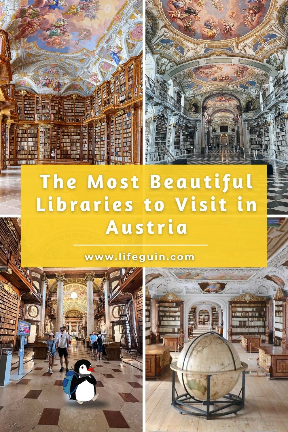 Collage of Austrian libraries featuring a cartoon penguin mascot and a yellow text banner