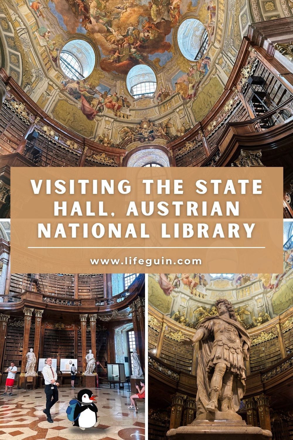 Collage of the Austrian National Library State Hall featuring a cartoon of Miško the penguin