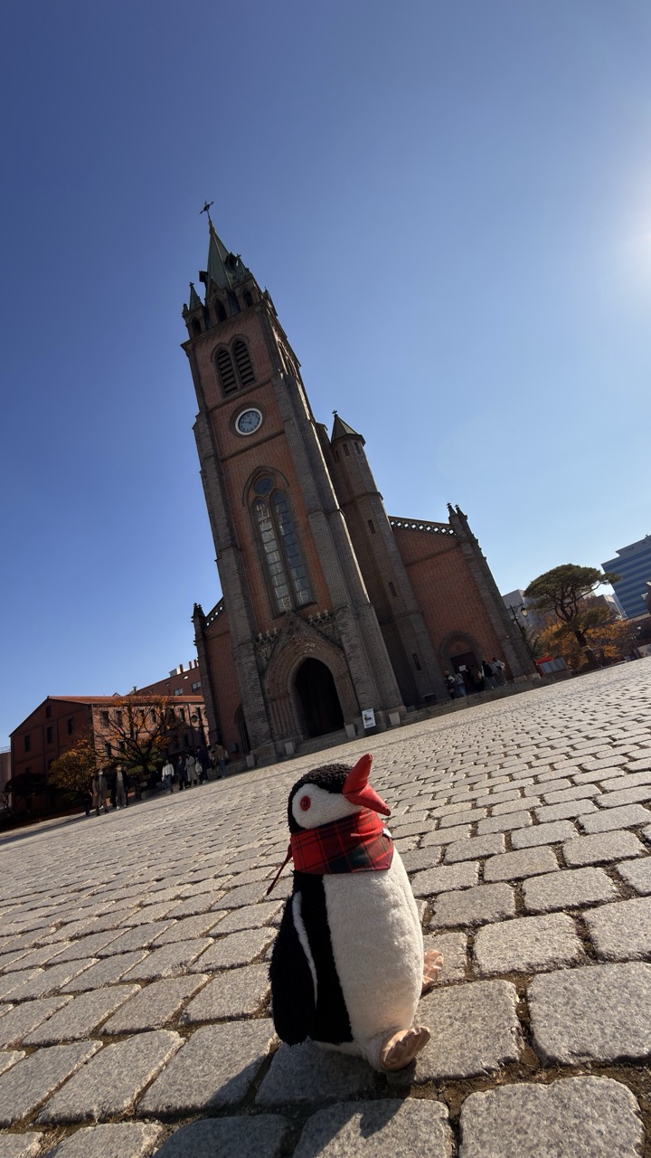 Plush penguin Miško wearing a scarf on a cobblestone plaza in Seoul