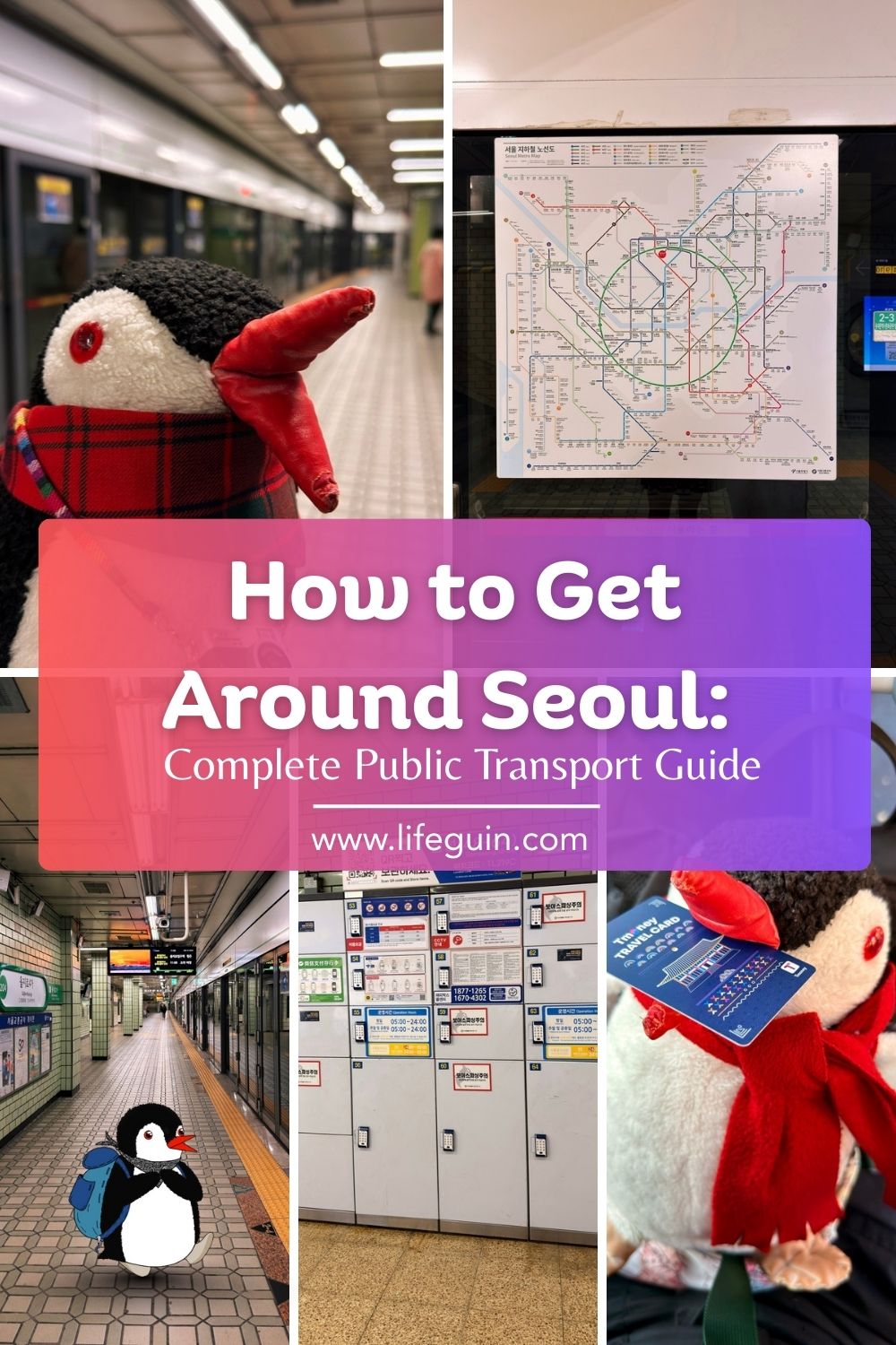 A penguin plush travels through Seoul subway stations using a transit card and map