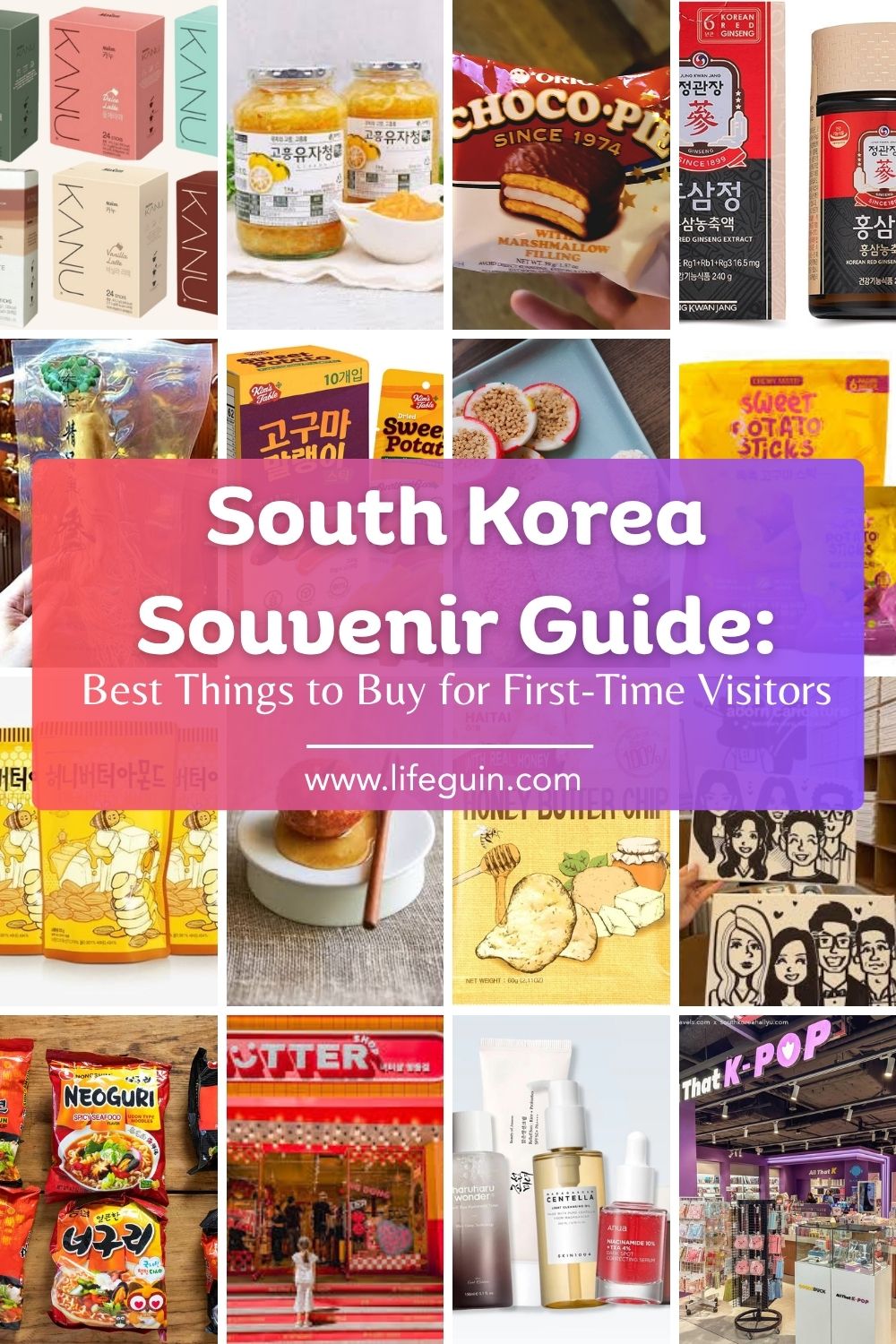 Collage of popular South Korean snacks, skincare products, and souvenirs for travelers