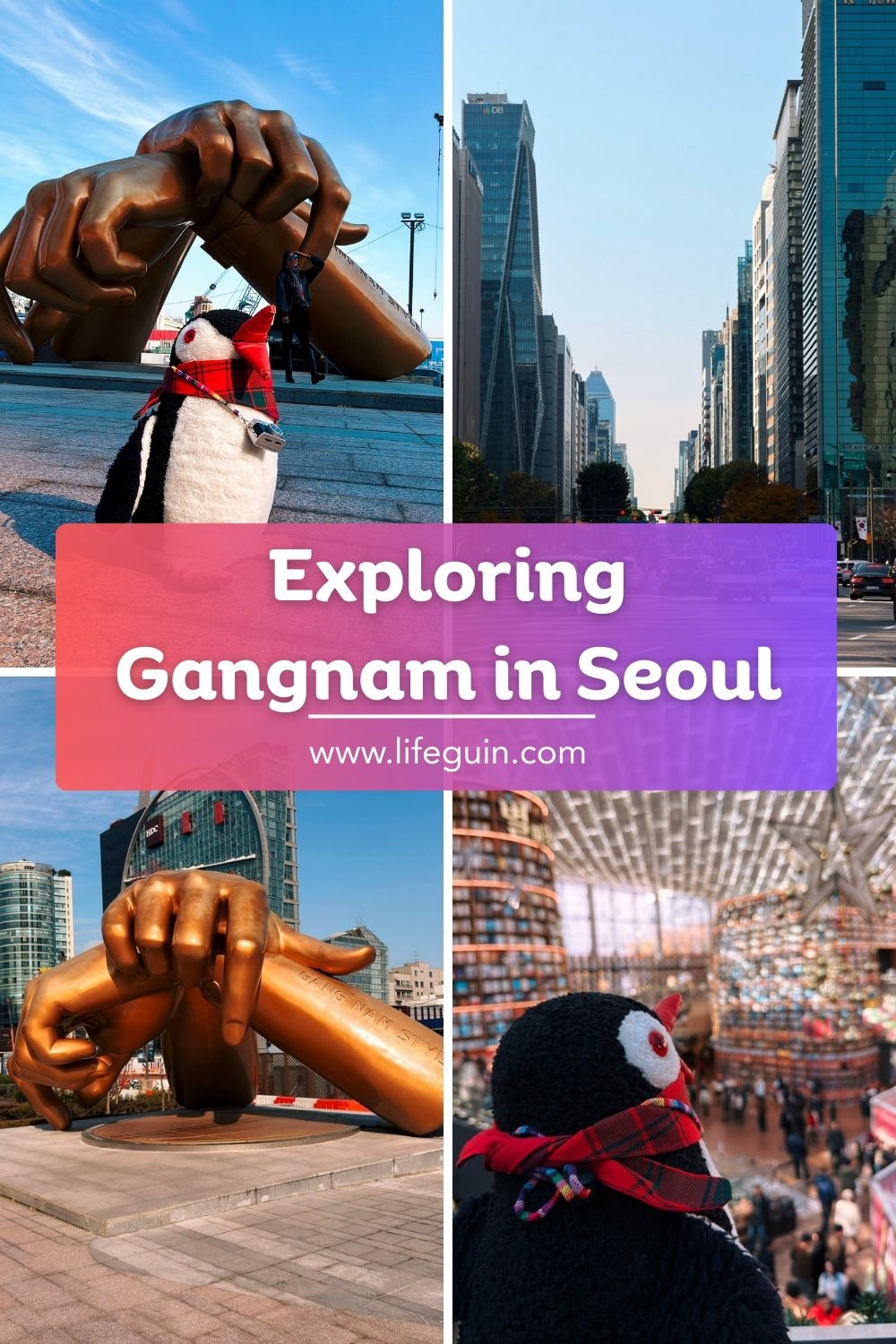 A plush penguin visits the Gangnam Style statue and a large library in Seoul
