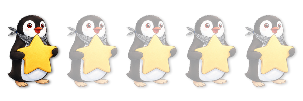 Five cartoon Miško penguins holding stars with only the first one fully opaque