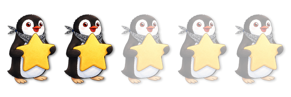 Two cartoon penguins holding yellow stars representing a two out of five star rating