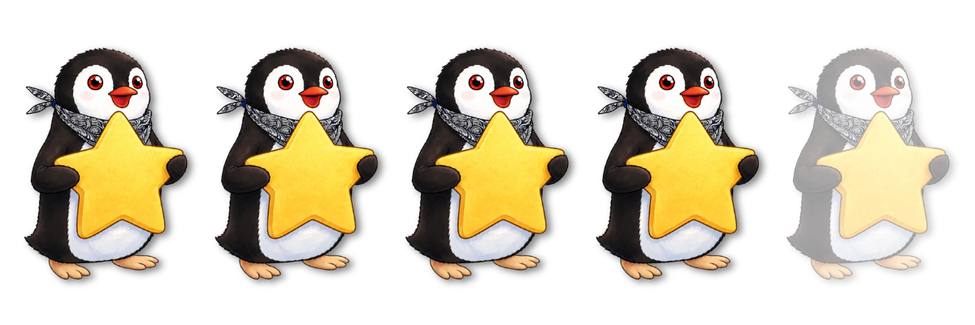 Four solid and one faded cartoon penguin holding yellow stars as a rating system