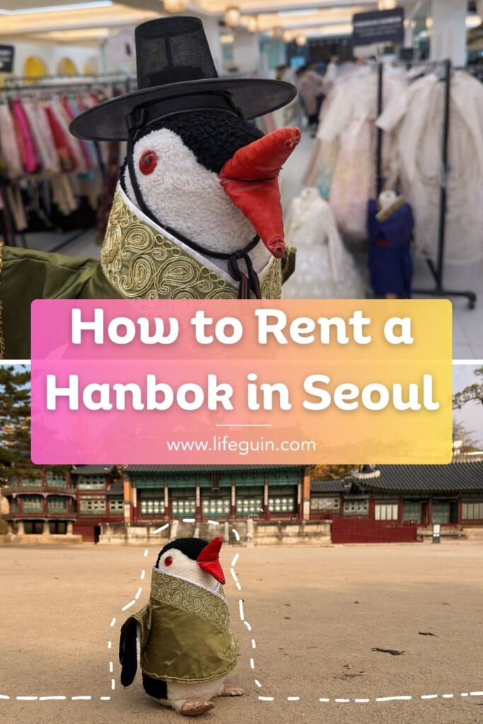 A plush penguin wearing a traditional Korean hanbok stands before a historic Seoul palace